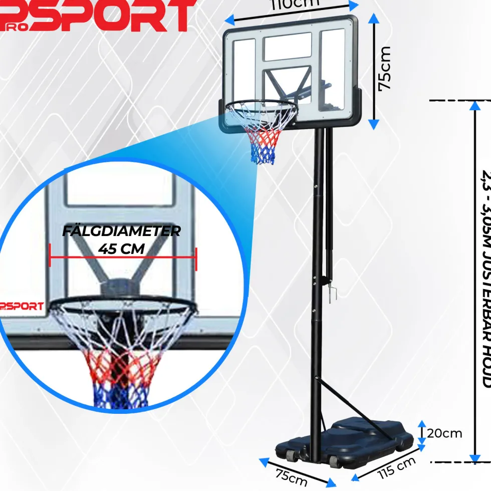 Basketställning ProSport Premium Justerbar Basketkorg, 2,3-3,05m