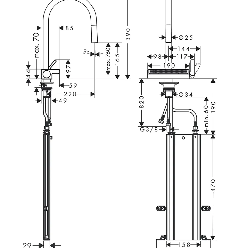 Köksblandare Hansgrohe Aquno Select M81 170 3-jet med Utdragbar pip