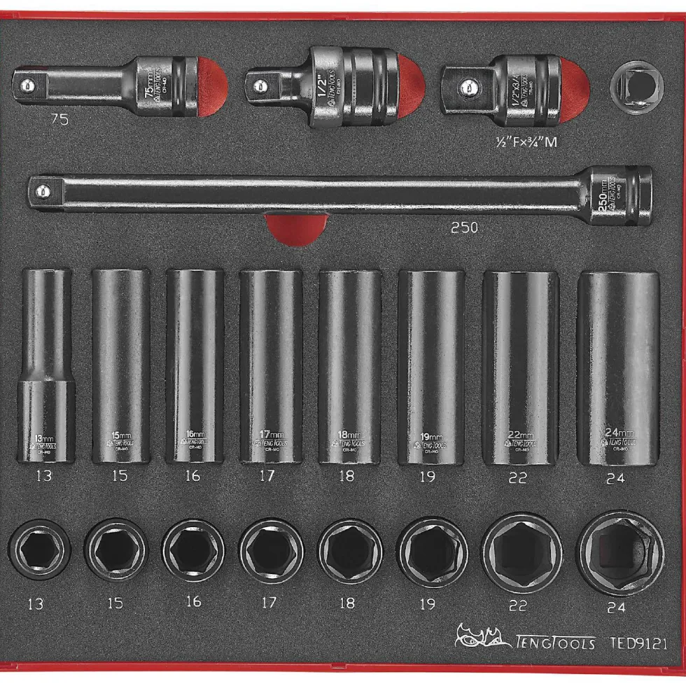 Krafthylssats 21 delar med 1/2 tum fyrkantsfäste Teng Tools TED 9121