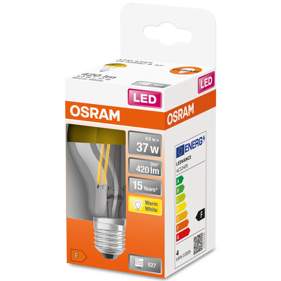 LED-Lampa Osram Normal (37) E27 Guld 827 Toppförsp Cl A