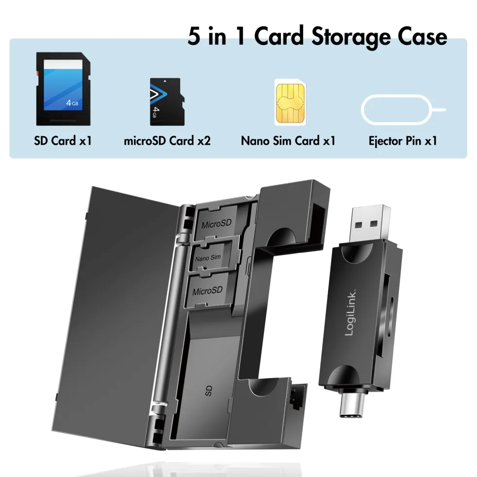 Minneskortsläsare LogiLink USB-C + USB-A MicroSD - och SD-kort inkl. Förvaring