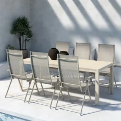 Trädgårdsmatgrupp Venture Home Mirko Matbord Beige med 6 st Levanzo Trädgårdsstolar Beige