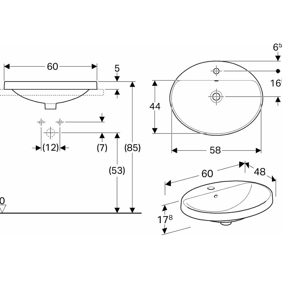 Tvättställ Geberit Variform 600 mm Infälld Ovalt Kanthylla