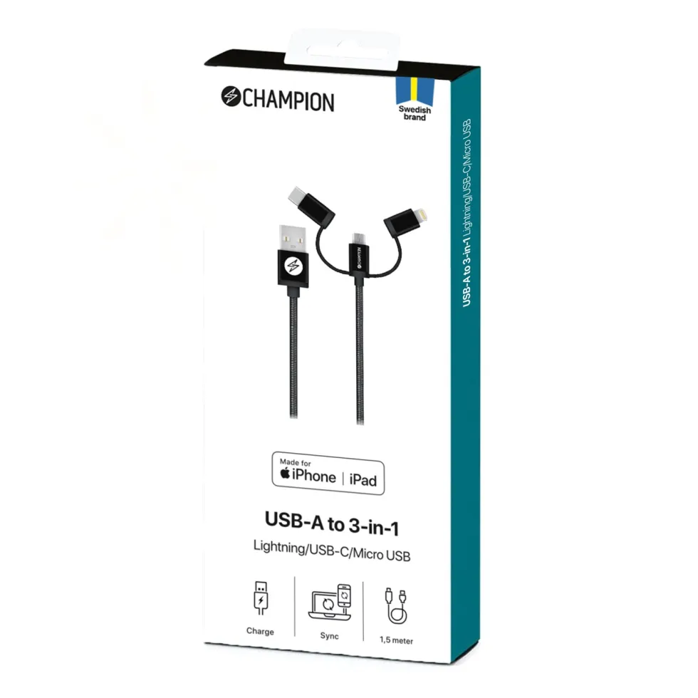 USB-A Champion till Lightning, USB-C och Micro-USB 1,5m Svart